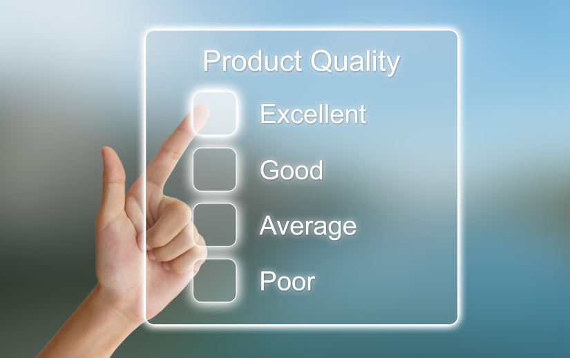 Hand selecting 'Excellent' on a product quality scale, highlighting affiliate marketing strategy for customer satisfaction.